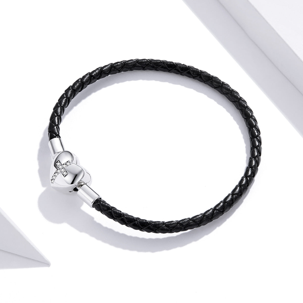 Bracelet 925 Sterling Silver leather 17cm with oxidized CZ, black braided band, heart clasp on Tampa Home & Garden Store