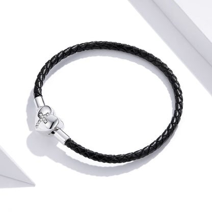 Bracelet 925 Sterling Silver leather 17cm with oxidized CZ, black braided band, heart clasp on Tampa Home & Garden Store