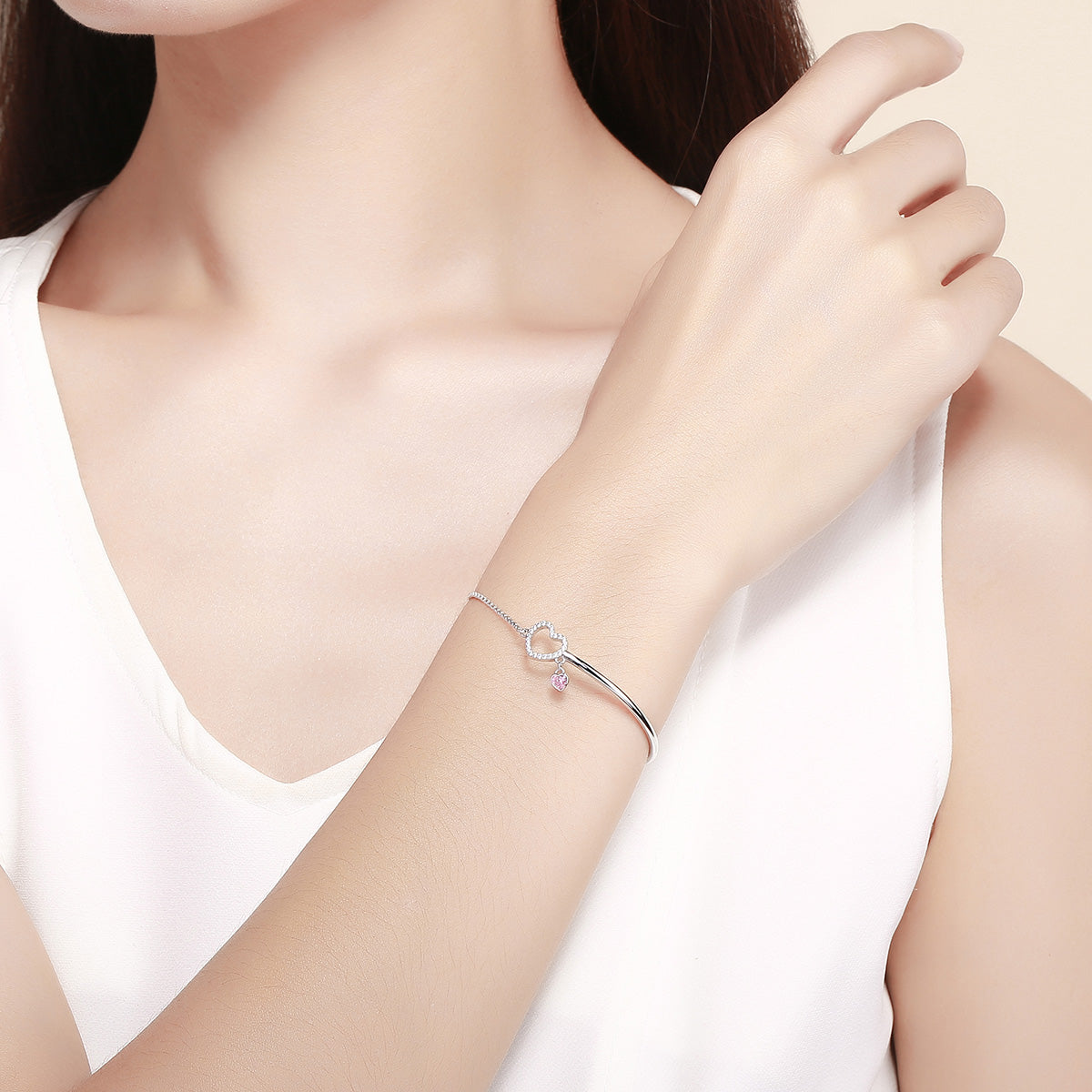 925 sterling silver bracelet, 19cm, heart charm with pink drop pendant on chain by Bids.com on Tampa Home & Garden Store