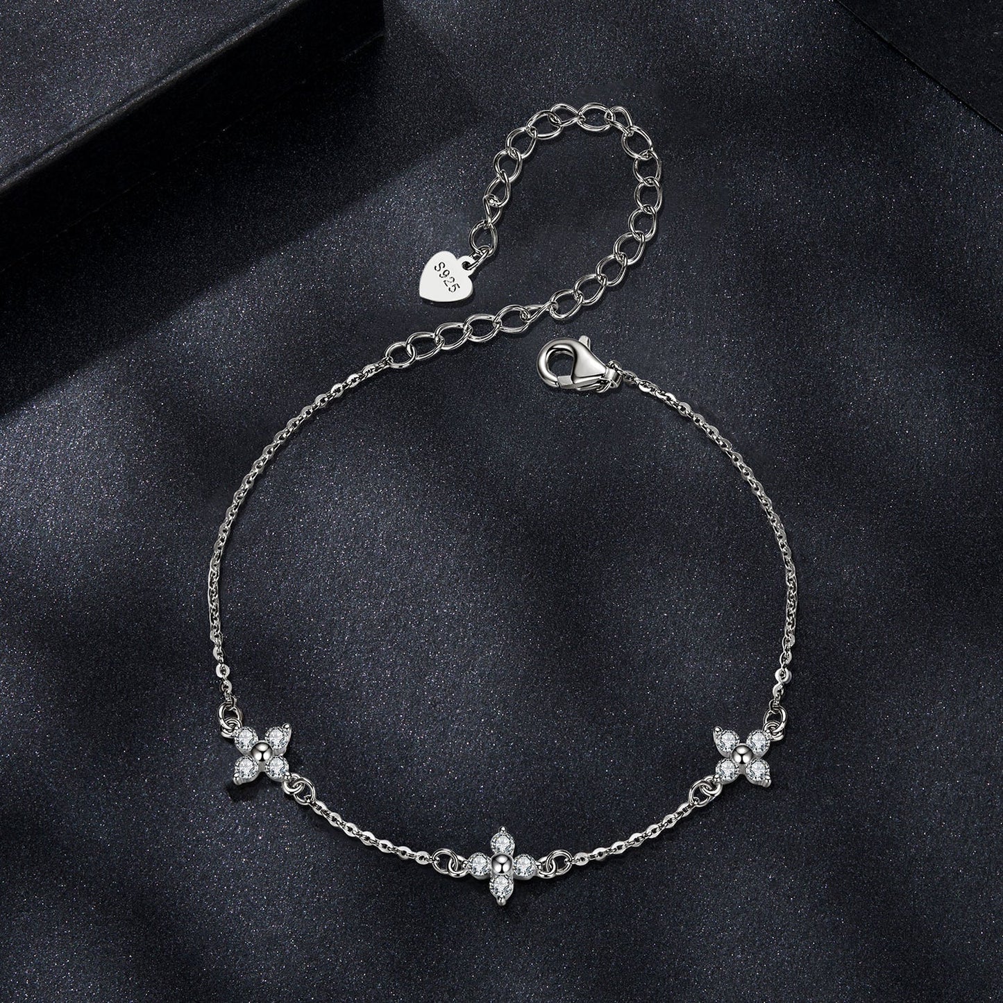 Bracelet 925 sterling silver & plated white gold moissanite with motifs, adjustable 15+6 cm on Tampa Home & Garden Store