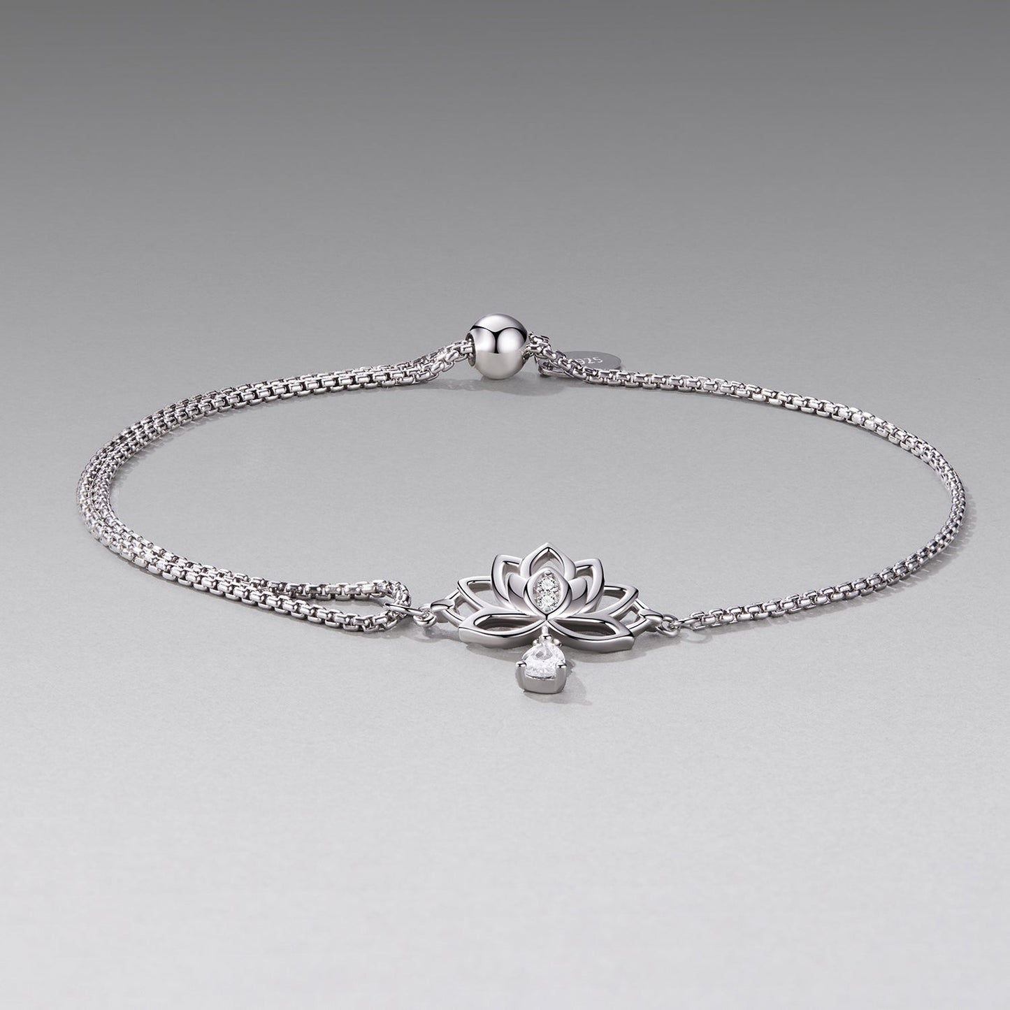 925 Sterling Silver Adjustable Chain Bracelet with White Gold Plating and CZ, lotus design on Tampa Home & Garden Store