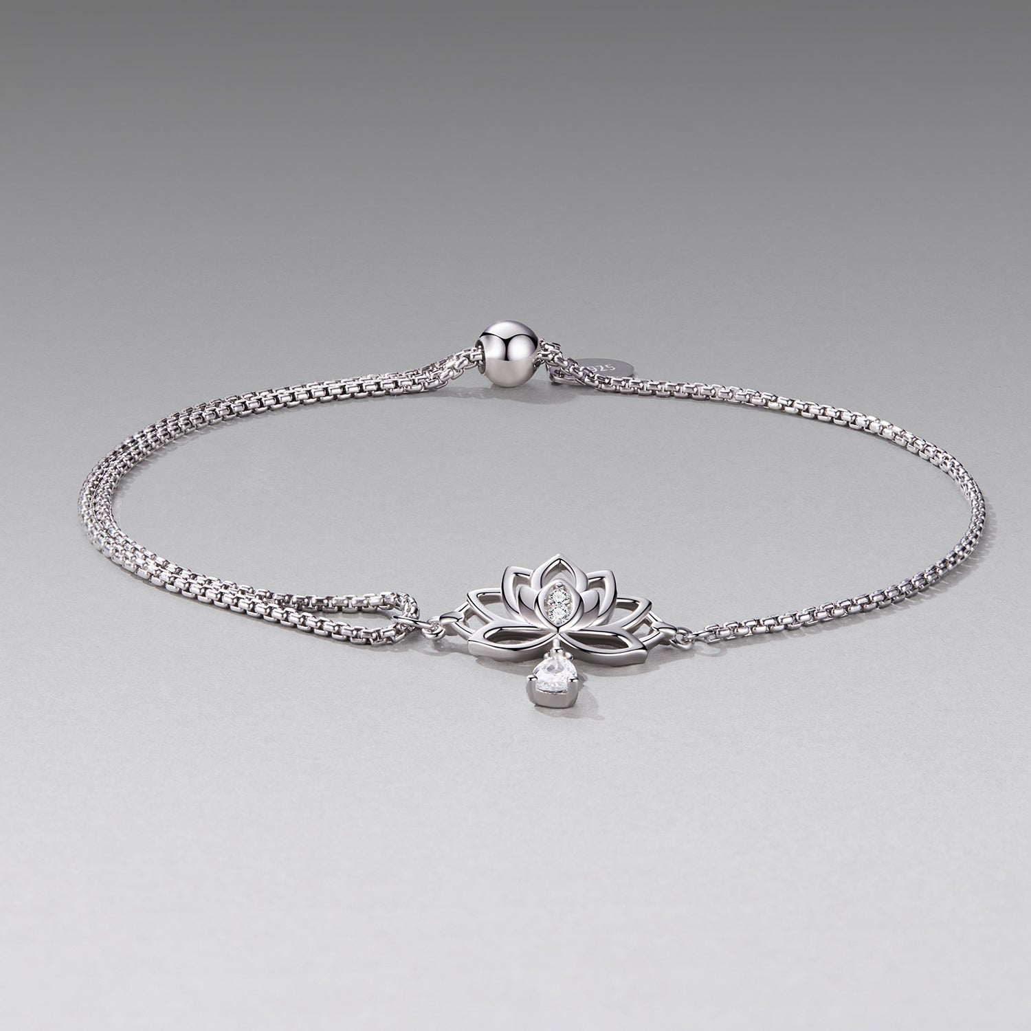925 Sterling Silver Adjustable Chain Bracelet with White Gold Plating and CZ, lotus design on Tampa Home & Garden Store