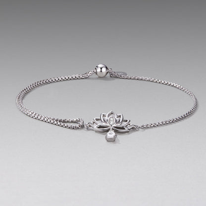 925 Sterling Silver Adjustable Chain Bracelet with White Gold Plating and CZ, lotus design on Tampa Home & Garden Store