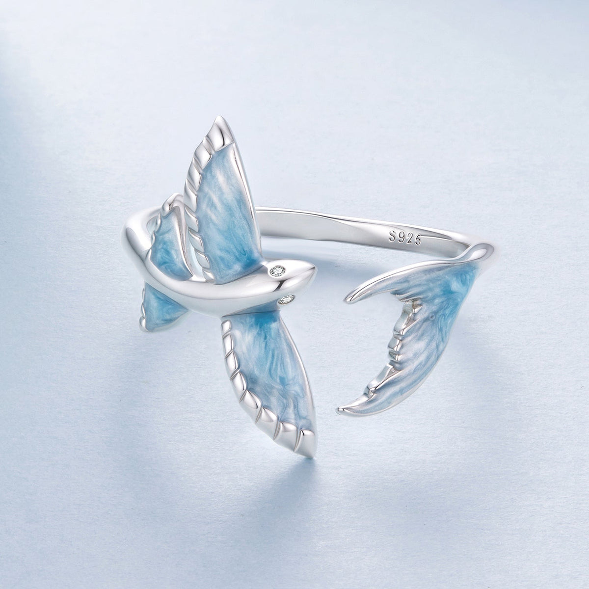 925 Sterling Silver White Enamel Pavé CZ Ring for Women by Bids.com with blue marbled bird motif on Tampa Home & Garden Store