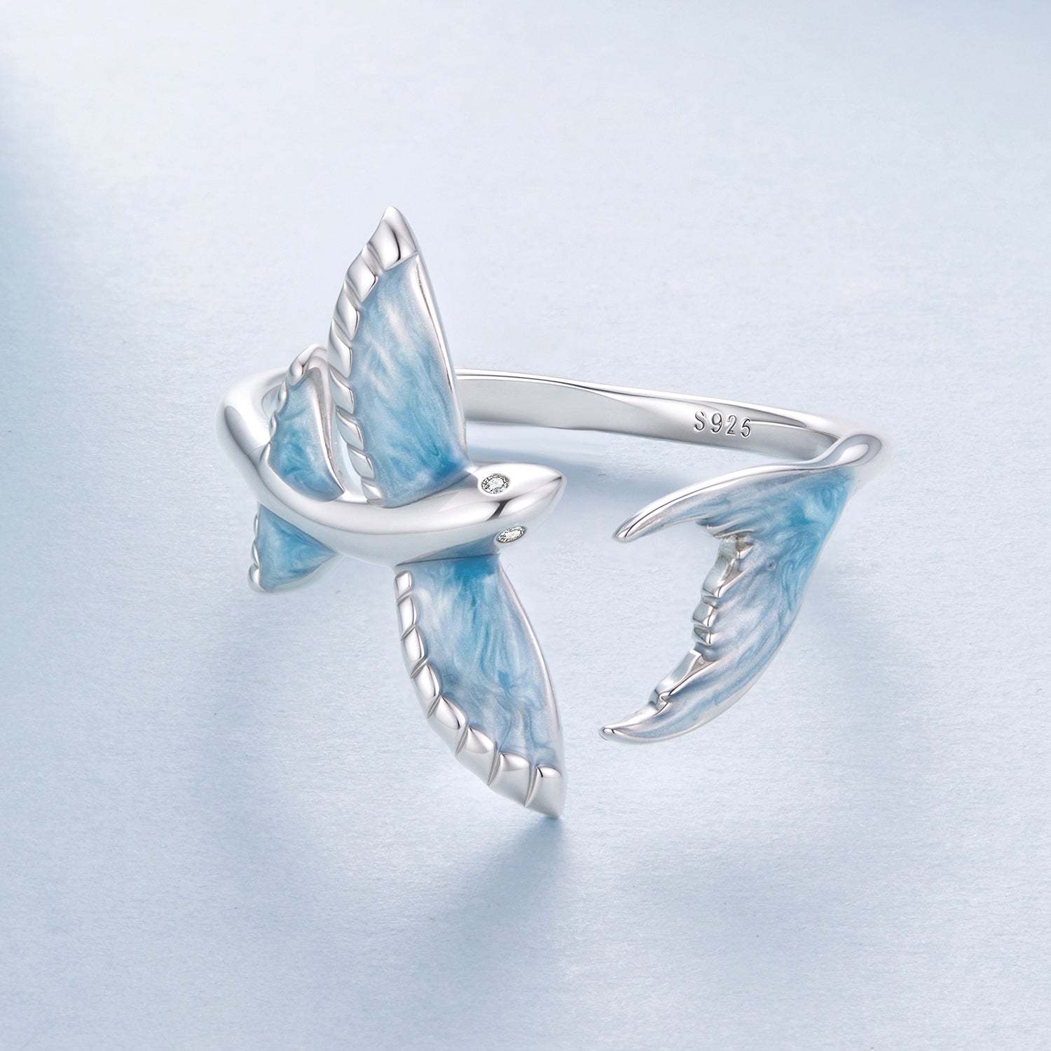 925 Sterling Silver White Enamel Pavé CZ Ring for Women by Bids.com with blue marbled bird motif on Tampa Home & Garden Store