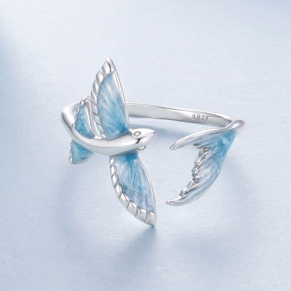 925 Sterling Silver White Enamel Pavé CZ Ring for Women by Bids.com with blue marbled bird motif on Tampa Home & Garden Store