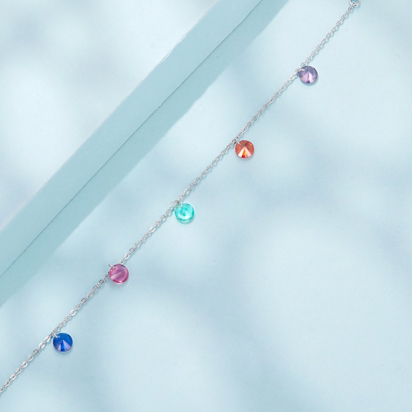 Bracelet 925 Sterling Silver white-gold plated with multicolor CZ pavé charms on chain 16+5cm on Tampa Home & Garden Store