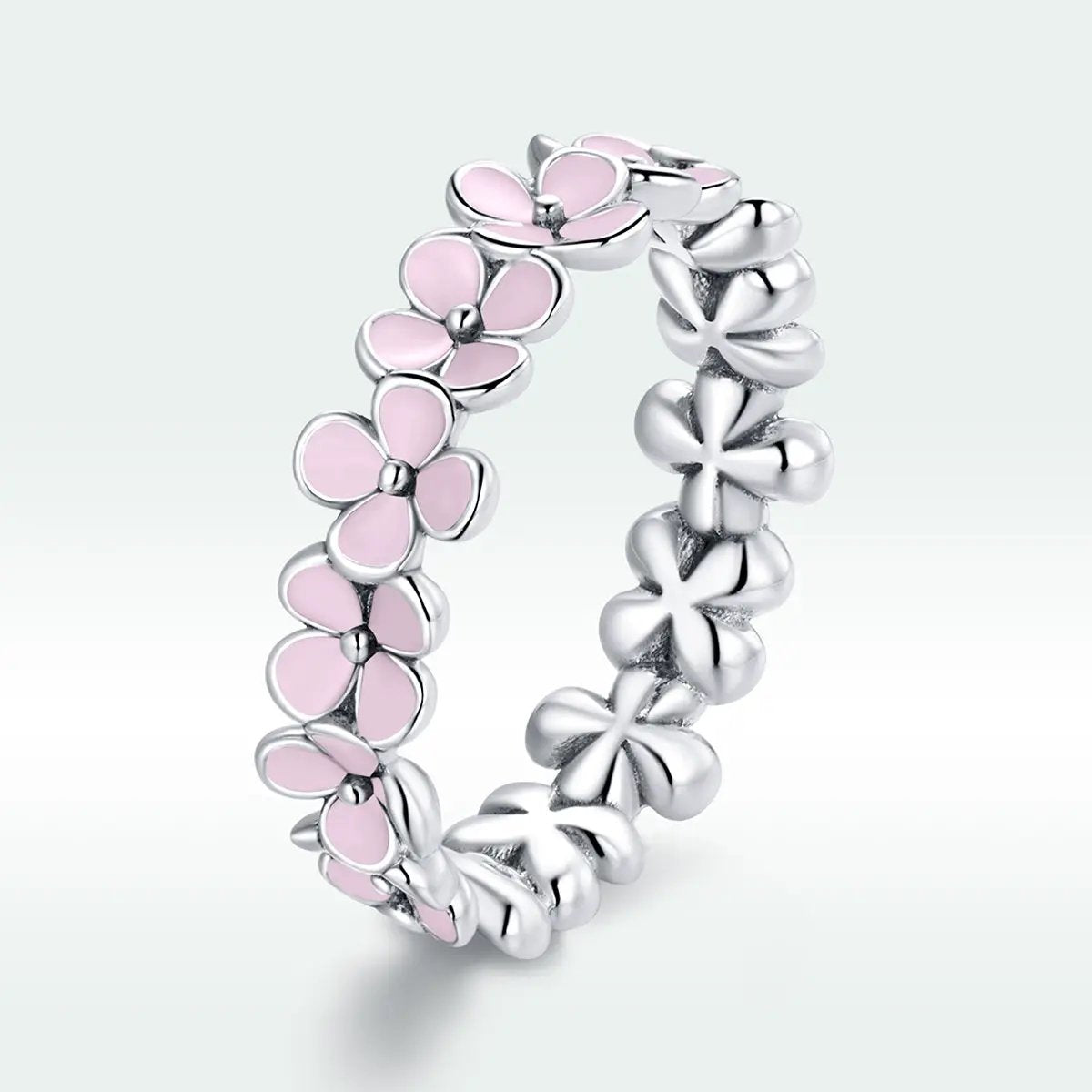 Ring 925 silver size 5 pink enamel flower petals floral band on Tampa Home & Garden Store