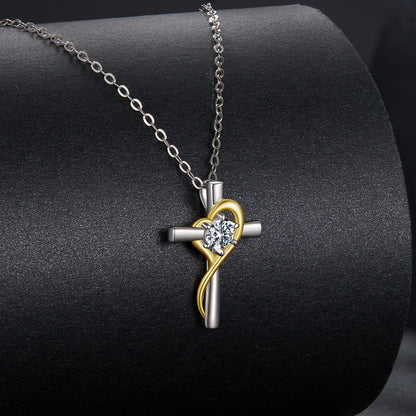 925 Sterling Silver Moissanite Cross Necklace with gold heart accent, 0.20ct, by Bids.com on Tampa Home & Garden Store