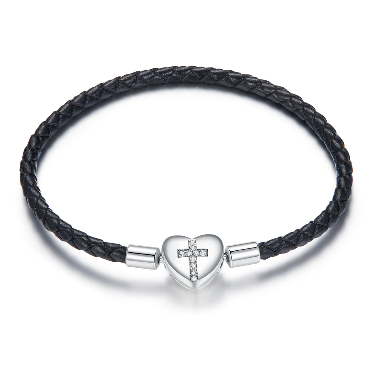 Bracelet 925 Sterling Silver leather, black braided band with oxidized CZ heart cross charm on Tampa Home & Garden Store