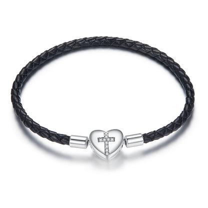 Bracelet 925 Sterling Silver leather, black braided band with oxidized CZ heart cross charm on Tampa Home & Garden Store