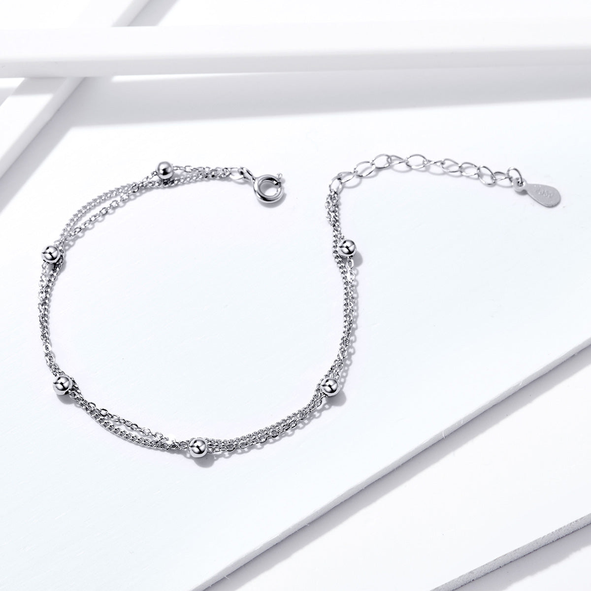 925 Sterling Silver Adjustable 19cm Bracelet for Women with double chain and silver beads by Bids.com on Tampa Home & Garden Store
