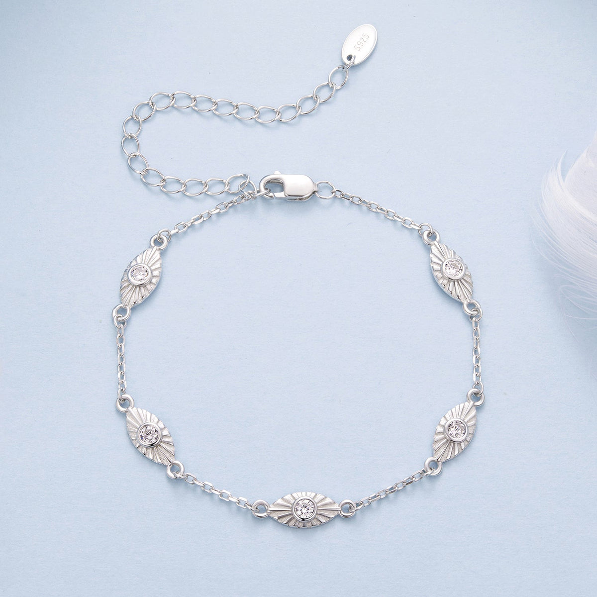 Bracelet 925 sterling silver white gold plated with CZ pendants; leaf-shaped panels on Tampa Home & Garden Store