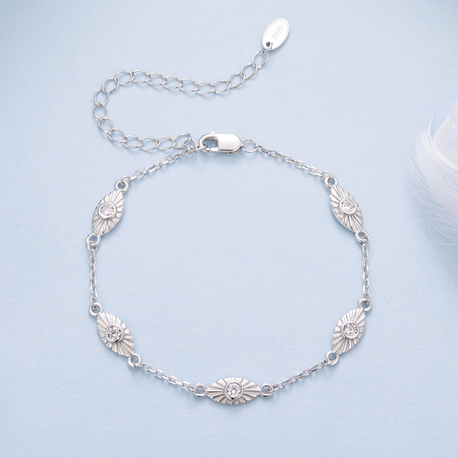 Bracelet 925 sterling silver white gold plated with CZ pendants; leaf-shaped panels on Tampa Home & Garden Store