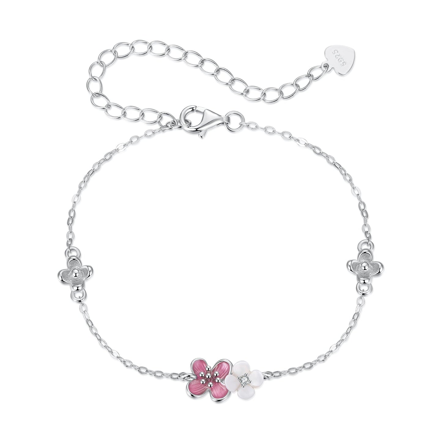 925 silver enamel flower charm bracelet with pavé CZ, pink & white flowers, 15+6cm, Bids.com on Tampa Home & Garden Store