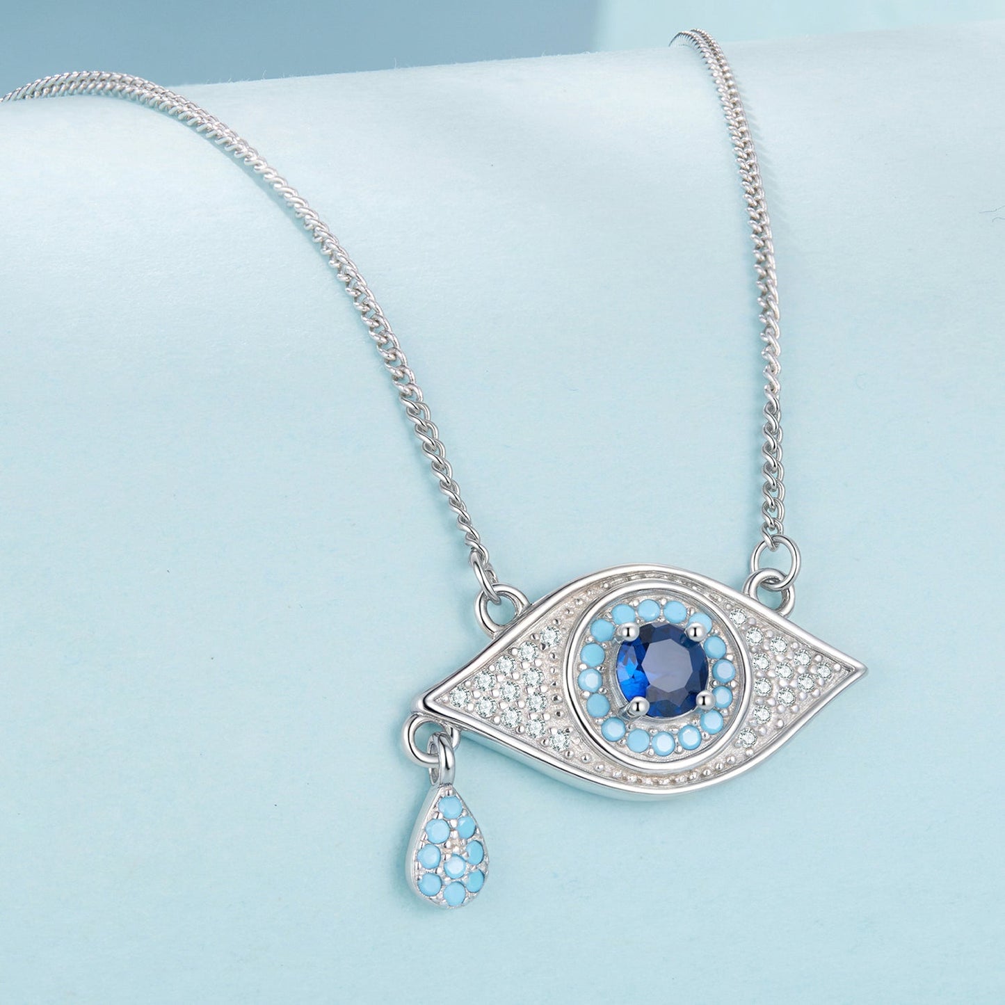 Pavé CZ pendant necklace 925 sterling silver, blue center stone with turquoise halo 40+5cm on Tampa Home & Garden Store