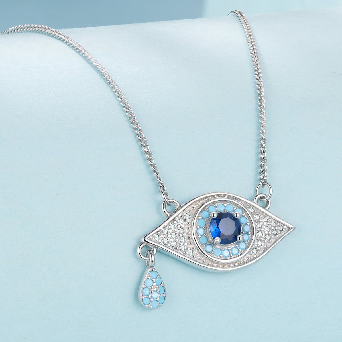 Pavé CZ pendant necklace 925 sterling silver, blue center stone with turquoise halo 40+5cm on Tampa Home & Garden Store