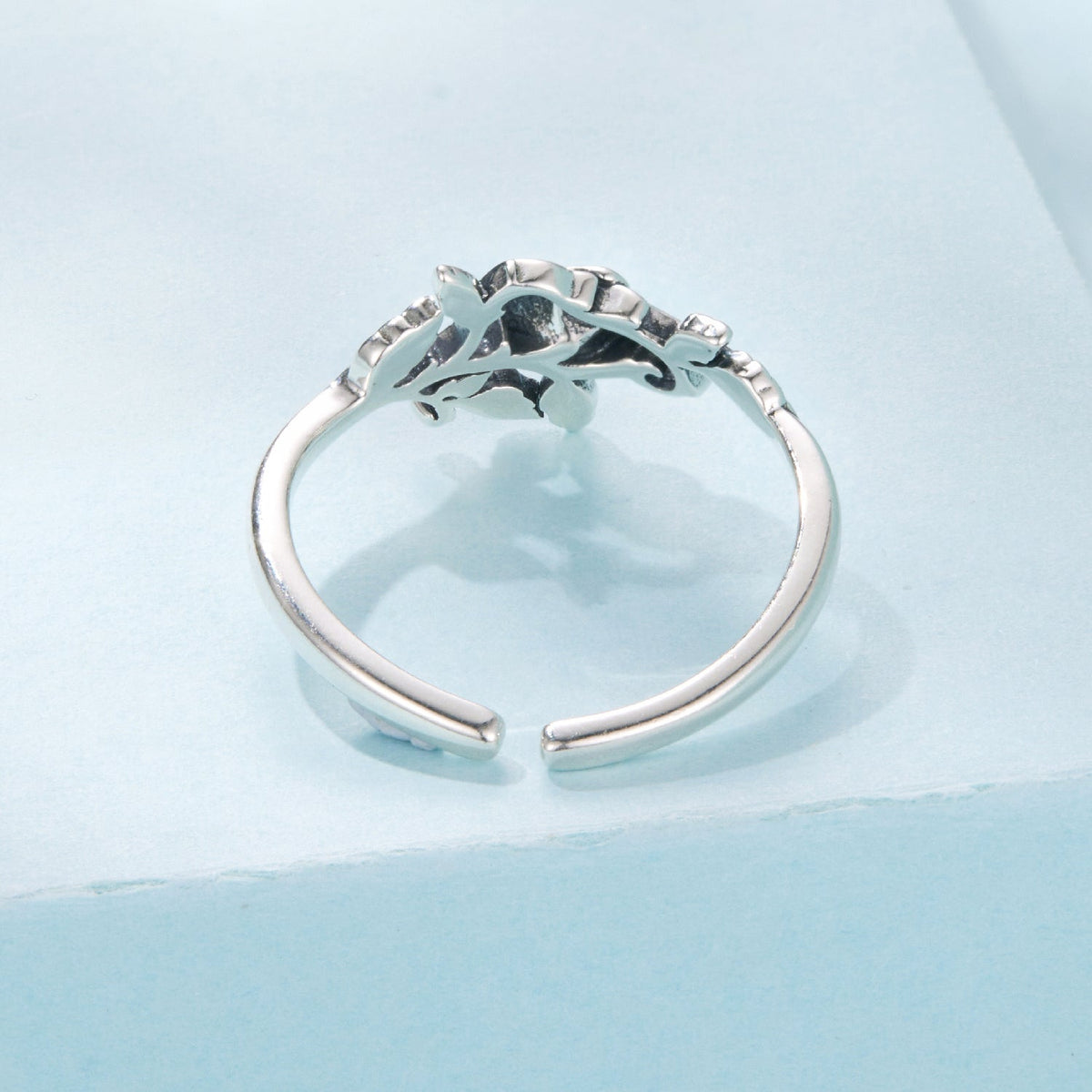 925 Sterling Silver Oxidized Adjustable Ring with vine leaf motif, open band on Tampa Home & Garden Store