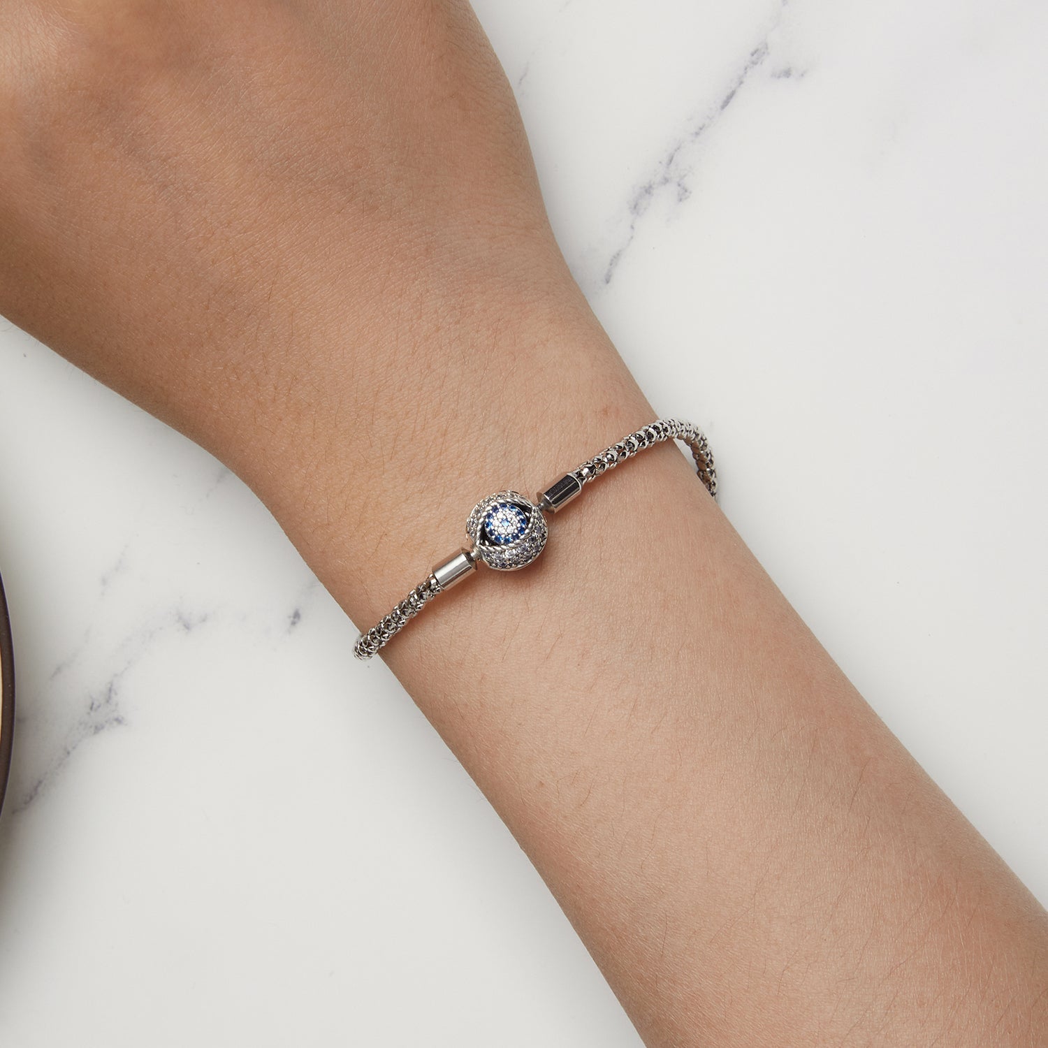 Bracelet 925 sterling silver oxidized with pavé CZ center and blue accents, 17.0 cm, Bids.com on Tampa Home & Garden Store