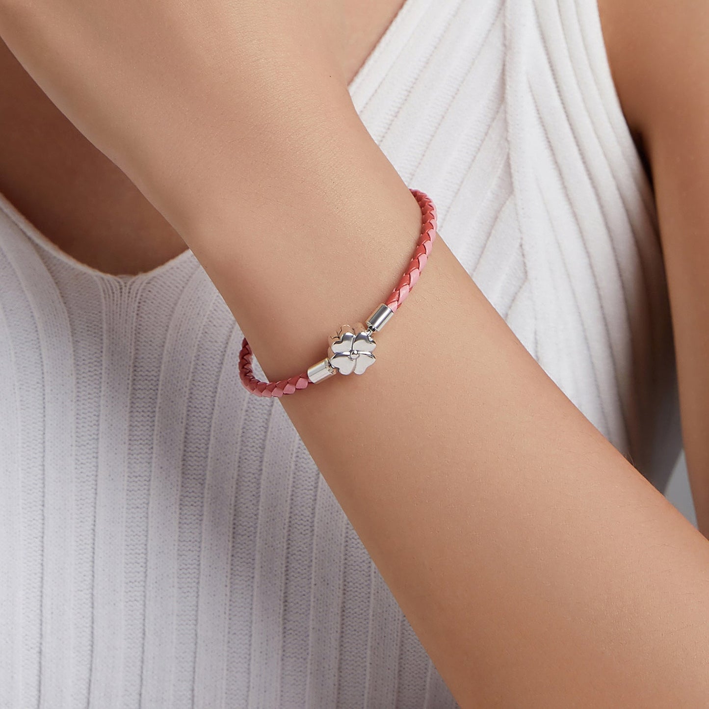 Bracelet pink braided leather with oxidized silver flower charm, 17cm, Bids.com on Tampa Home & Garden Store
