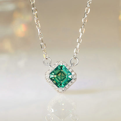 925 Sterling Silver Moissanite Pendant Necklace with emerald-green center stone and diamond halo on Tampa Home & Garden Store