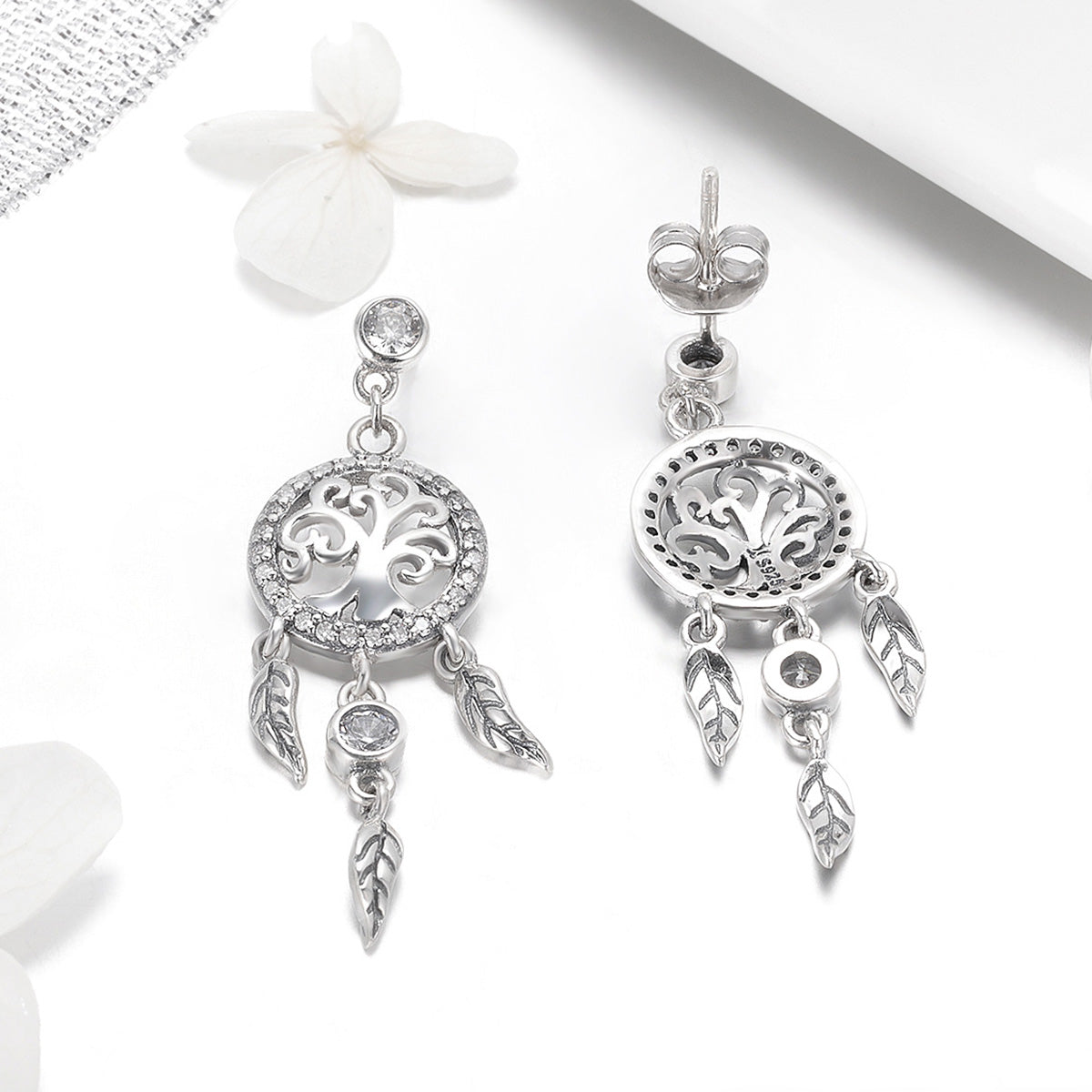 Earrings 925 Sterling Silver Oxidized Pavé CZ by Bids.com round filigree hoop with leaf charms on Tampa Home & Garden Store