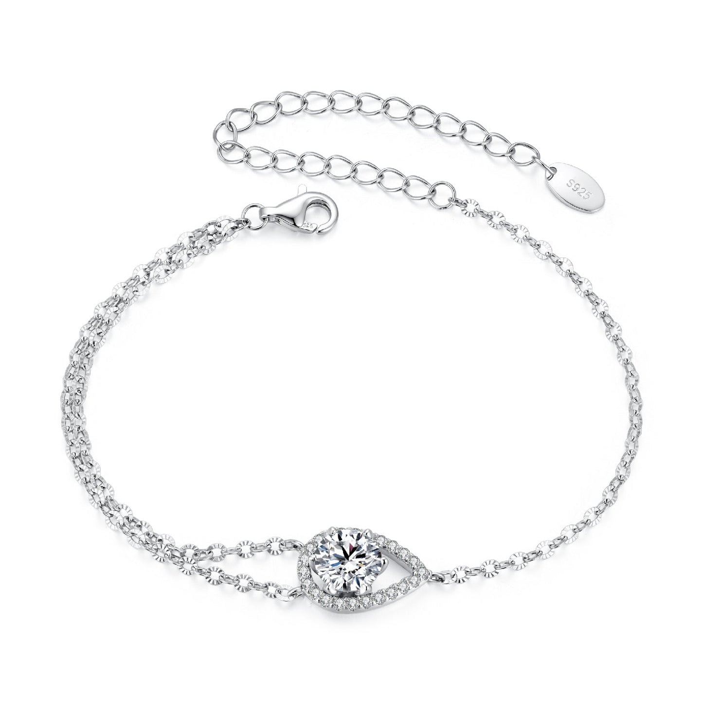 925 sterling silver moissanite bracelet with pavé halo around center stone, adjustable chain on Tampa Home & Garden Store