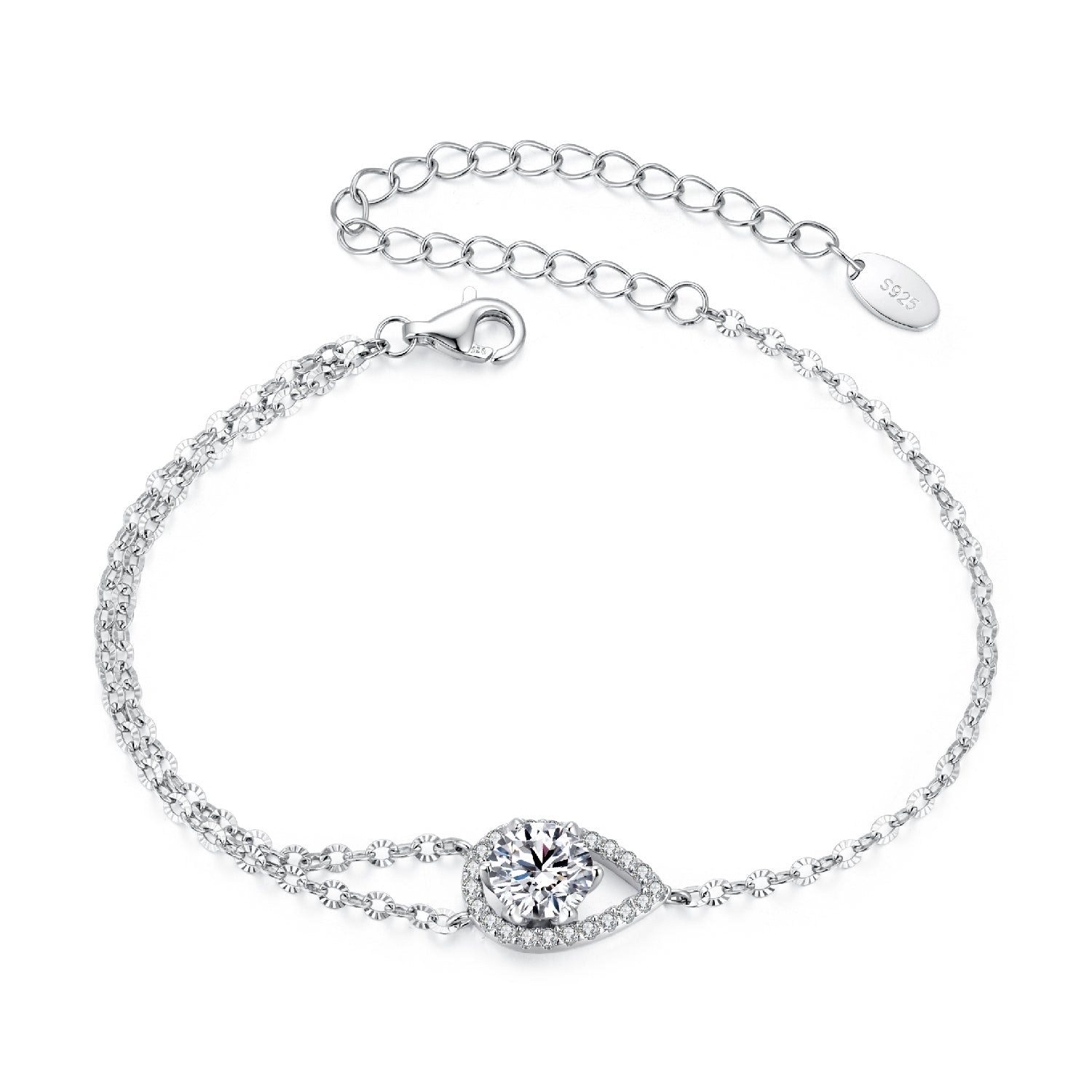 925 sterling silver moissanite bracelet with pavé halo around center stone, adjustable chain on Tampa Home & Garden Store