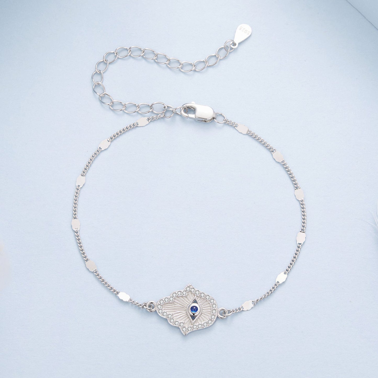 Bracelet 925 silver, white gold plated, adjustable chain, shield pendant with blue spinel and CZ on Tampa Home & Garden Store