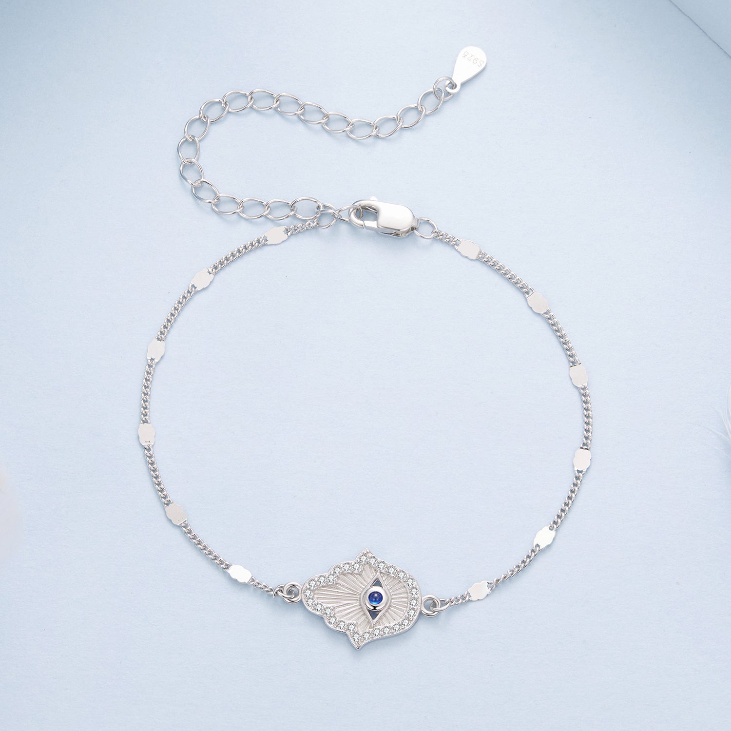 Bracelet 925 silver, white gold plated, adjustable chain, shield pendant with blue spinel and CZ on Tampa Home & Garden Store
