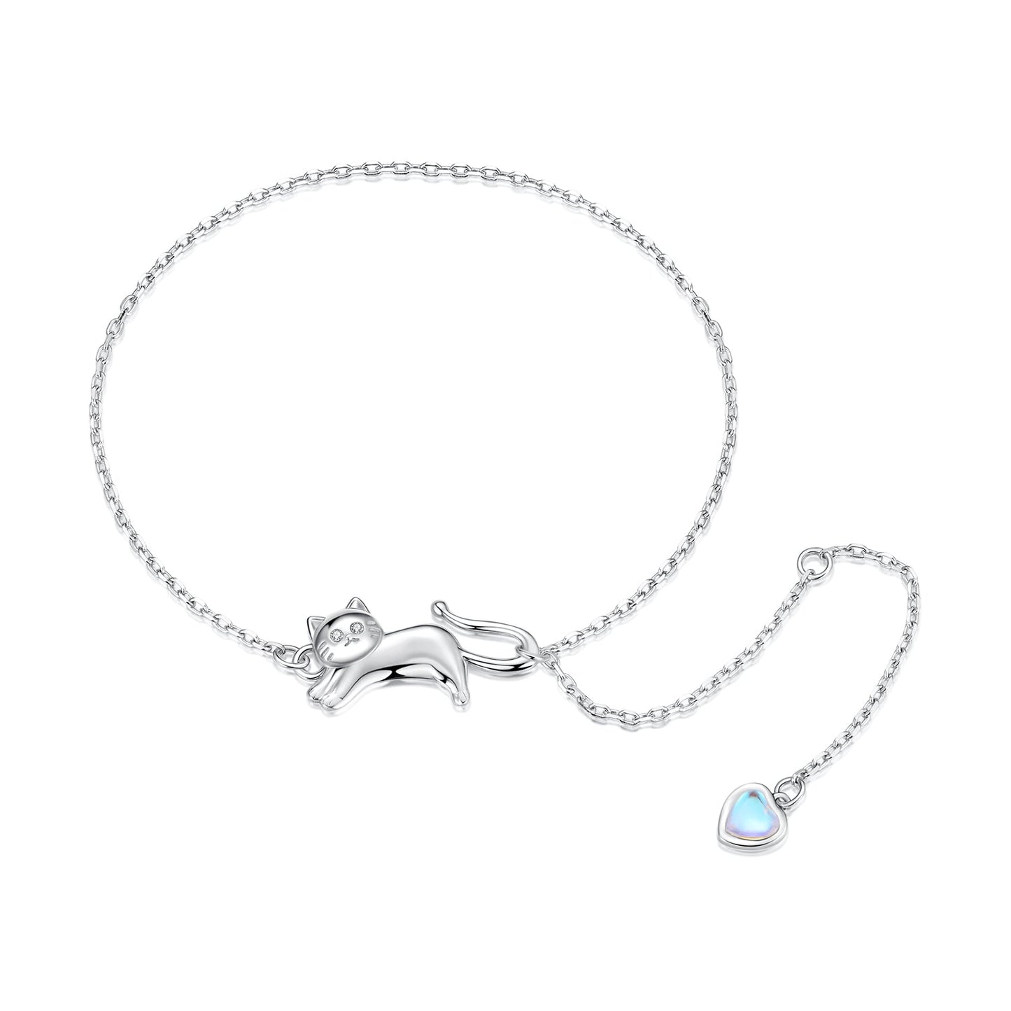 Bracelet 925 silver white gold plated with cat charm and blue moonstone heart charm CZ accents on Tampa Home & Garden Store