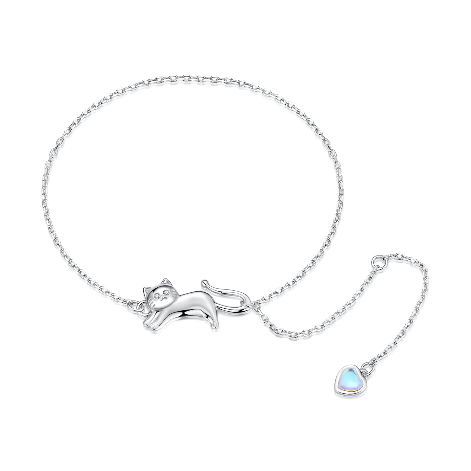 Bracelet 925 silver white gold plated with cat charm and blue moonstone heart charm CZ accents on Tampa Home & Garden Store