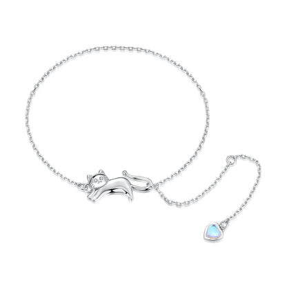 Bracelet 925 silver white gold plated with cat charm and blue moonstone heart charm CZ accents on Tampa Home & Garden Store