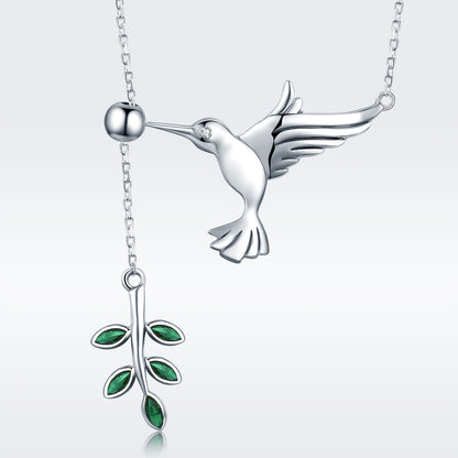 925 Sterling Silver Necklace Bird and Leaves design; hummingbird pendant and green leaf charms on Tampa Home & Garden Store