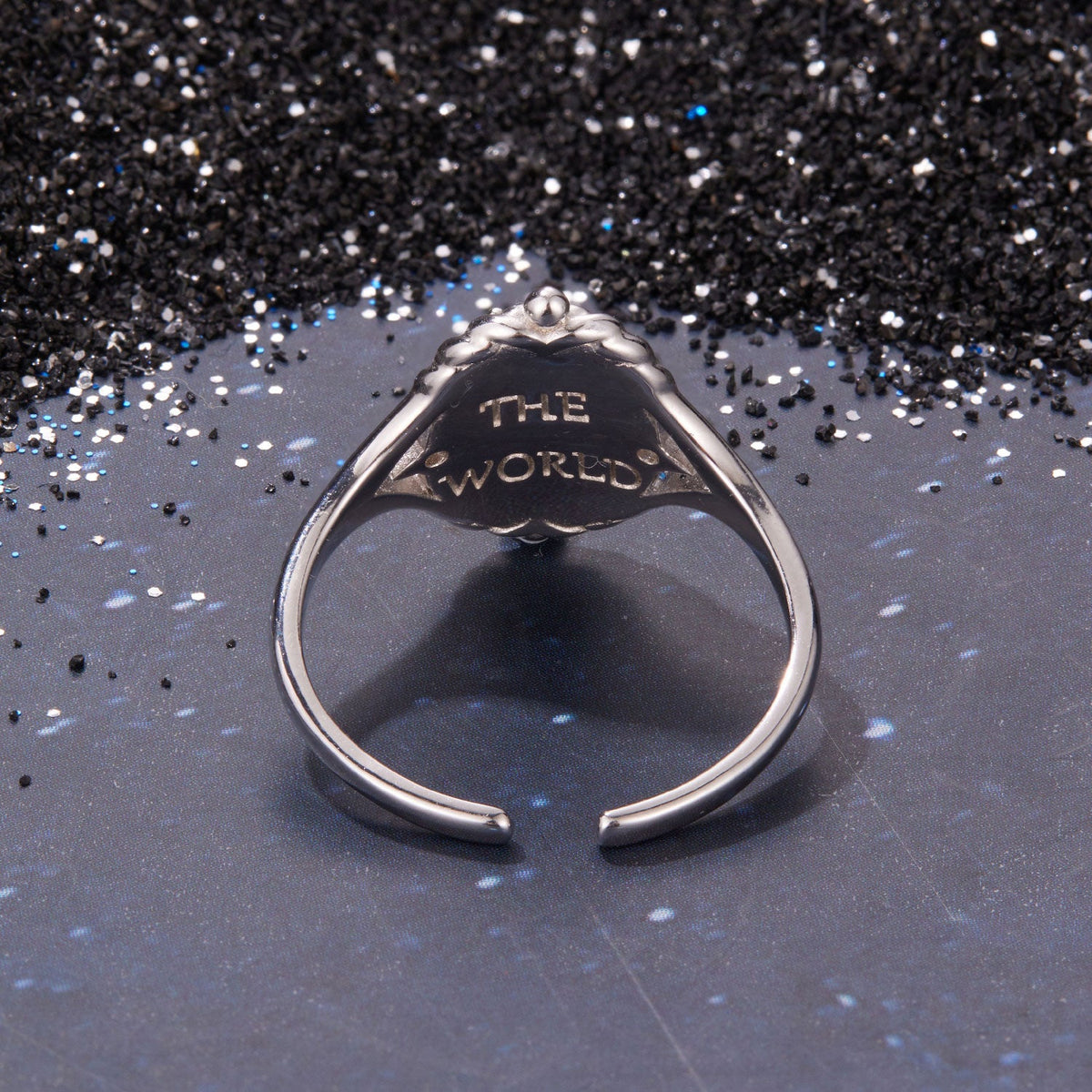 925 sterling silver ring with curved plaque engraved THE WORLD, open band, polished finish on Tampa Home & Garden Store