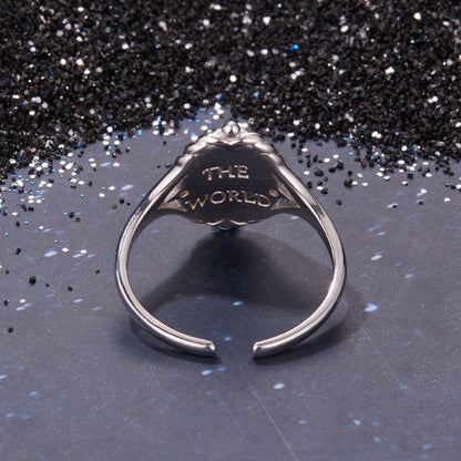 925 sterling silver ring with curved plaque engraved THE WORLD, open band, polished finish on Tampa Home & Garden Store