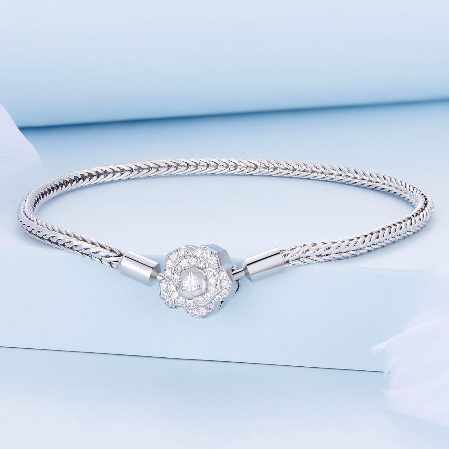 925 Sterling Silver Bracelet with pave CZ flower charm, 17cm, Bids.com on Tampa Home & Garden Store