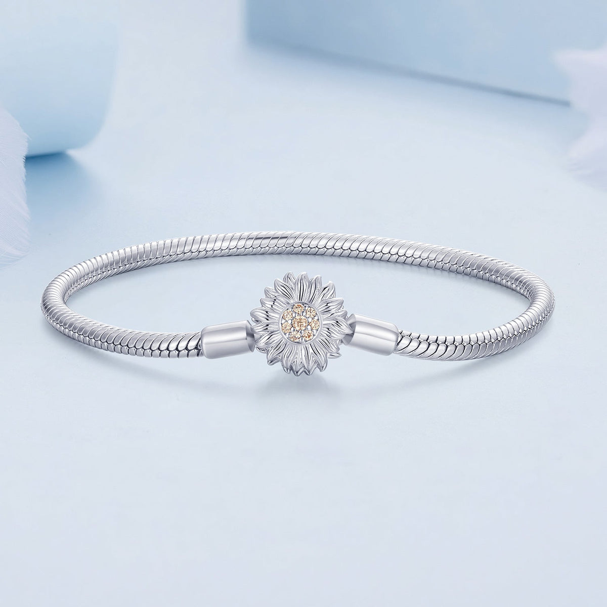 Bracelet 925 Sterling Silver sunflower Pavé CZ centerpiece, 170mm, 3mm snake chain Bids.com on Tampa Home & Garden Store