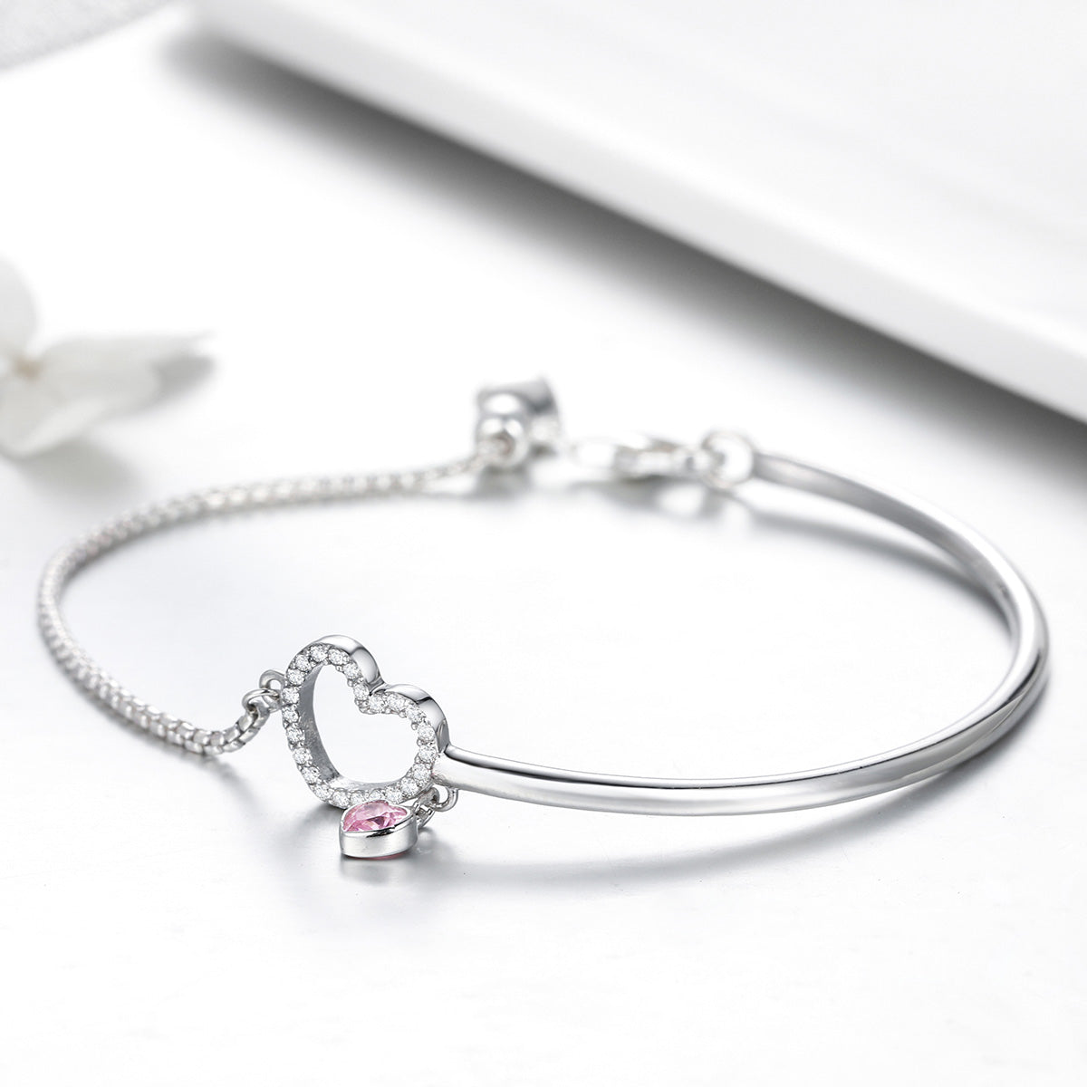 Bracelet 925 Sterling Silver, 19cm, open-heart pavé charm with pink gemstone by Bids.com on Tampa Home & Garden Store