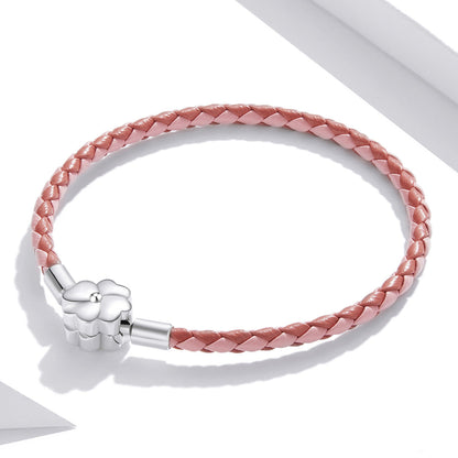 Pink braided leather bracelet with silver flower clasp, 17cm men’s 925 sterling silver oxidized on Tampa Home & Garden Store