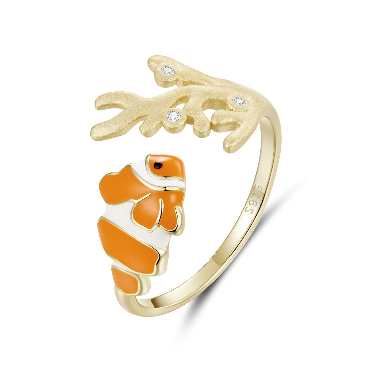 Ring 925 Sterling Silver Enamel Gold-Plated with orange butterfly motif and diamond accents on Tampa Home & Garden Store