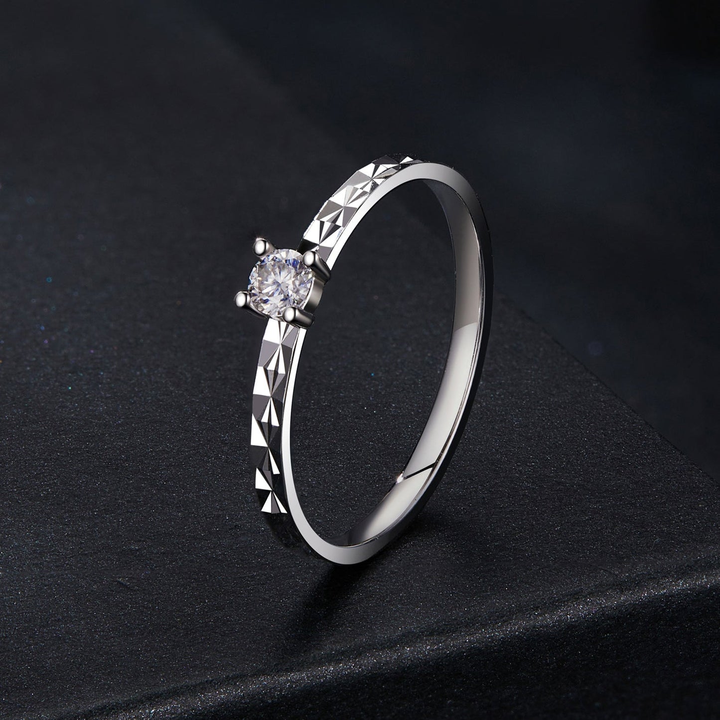 925 Sterling Silver Moissanite Ring White Gold Plated, Size 6, pyramid-pattern band on Tampa Home & Garden Store
