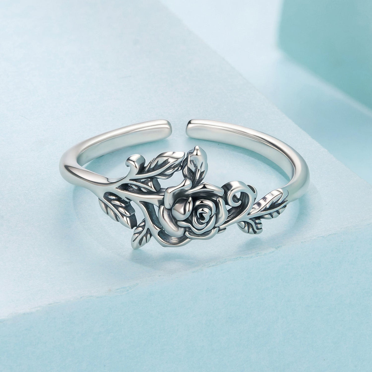 Sterling silver oxidized adjustable ring for women with a rose and leaves motif by Bids.com on Tampa Home & Garden Store