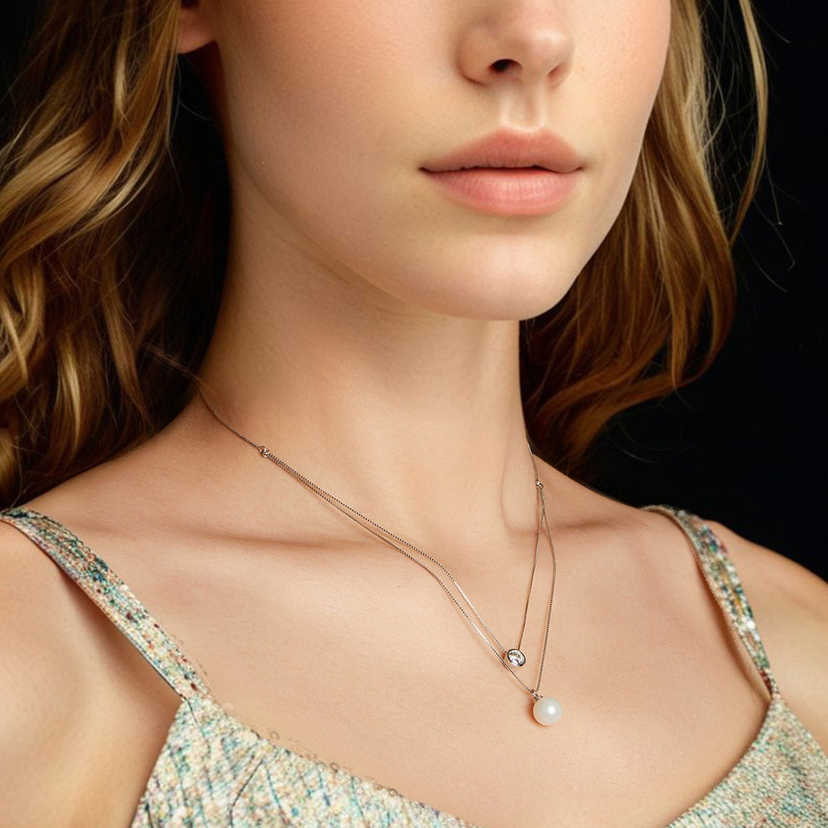 Layered sterling silver moissanite and shell pearl necklace, white gold plated, 40+5cm with pearl pendant on Tampa Home & Garden Store