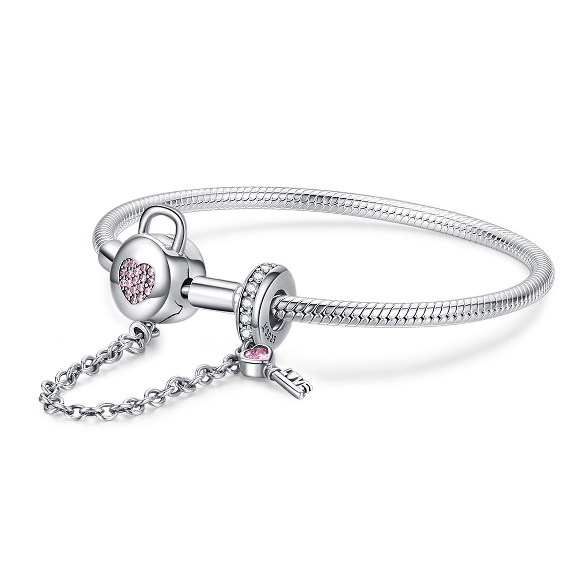925 Sterling Silver Bracelet 17cm Women by Bids.com with pink heart padlock and key charm on Tampa Home & Garden Store