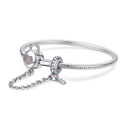 925 Sterling Silver Bracelet 17cm Women by Bids.com with pink heart padlock and key charm on Tampa Home & Garden Store