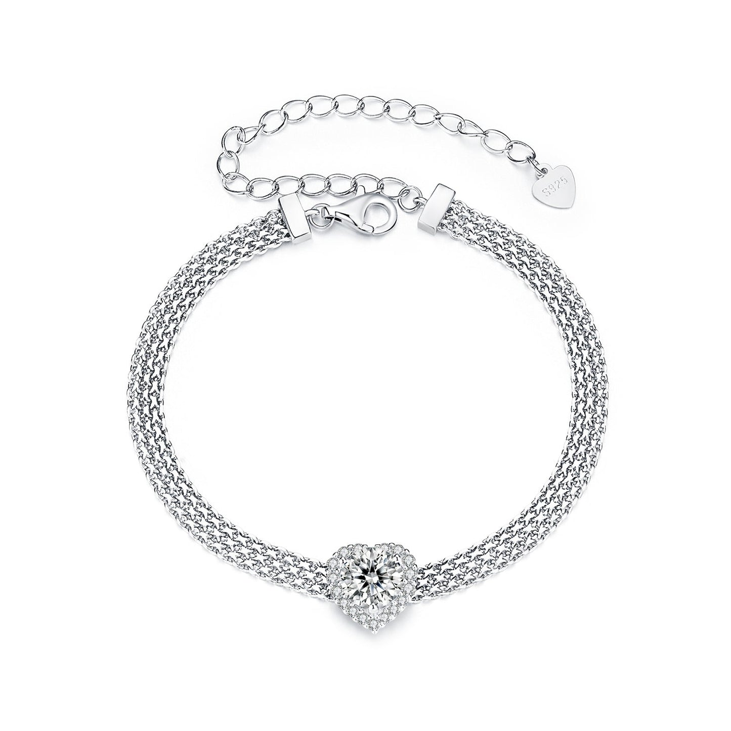 Bracelet 925 sterling silver with moissanite centerpiece and CZ halo, mesh chain on Tampa Home & Garden Store