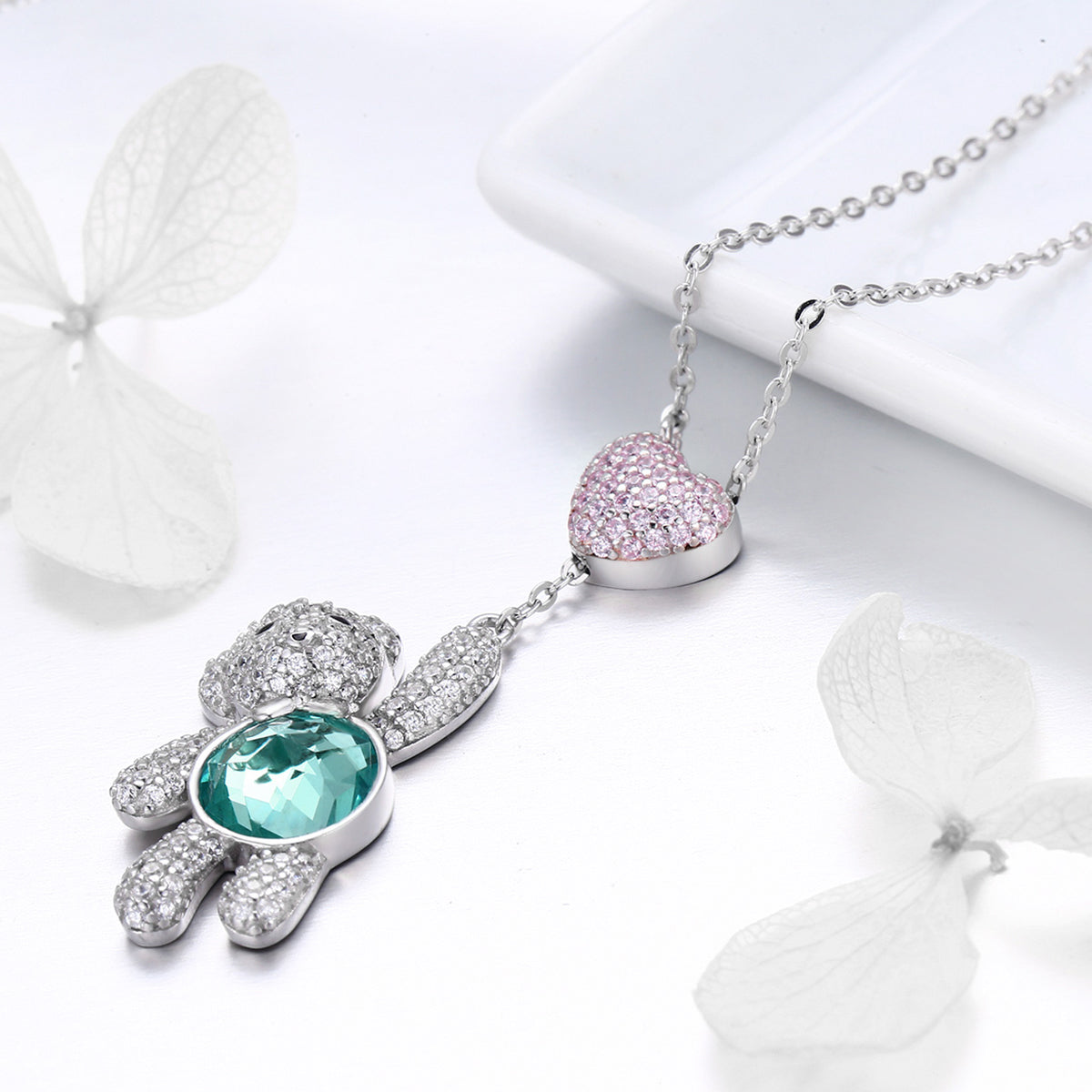 925 Sterling Silver Necklace with teal gemstone bear and pink crystal heart pendants by Bids.com on Tampa Home & Garden Store