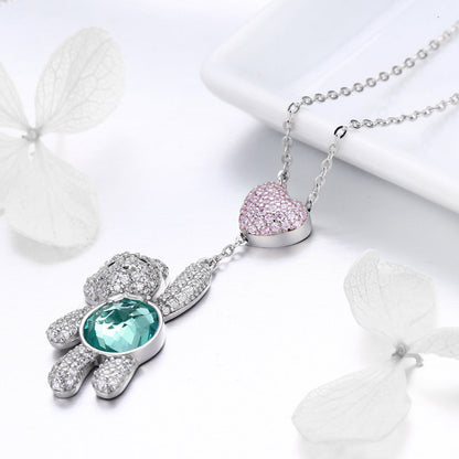 925 Sterling Silver Necklace with teal gemstone bear and pink crystal heart pendants by Bids.com on Tampa Home & Garden Store