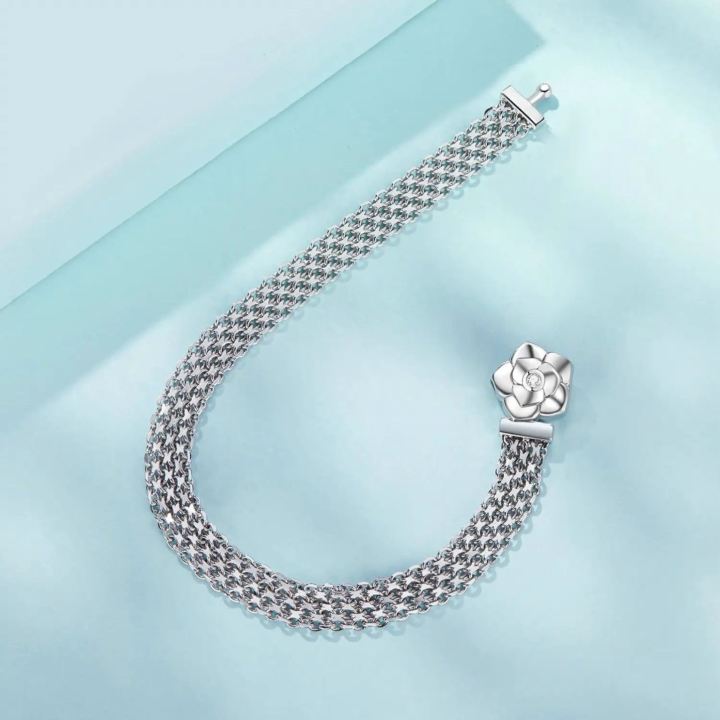 Bracelet 17.0 cm pavé CZ in 925 sterling silver platinum plated with flower clasp by Bids.com on Tampa Home & Garden Store